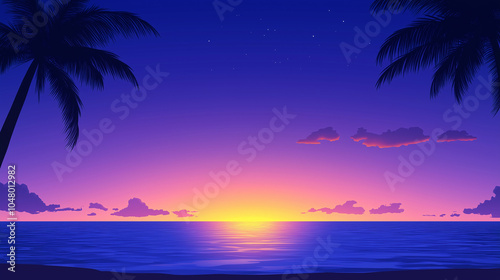  Tropical Sunset with Silhouetted Palm Trees