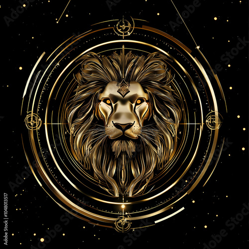 A bold lion symbol representing the Leo zodiac, with a golden mane and fierce expression, embodying strength, courage, and loyalty under the summer sun. photo