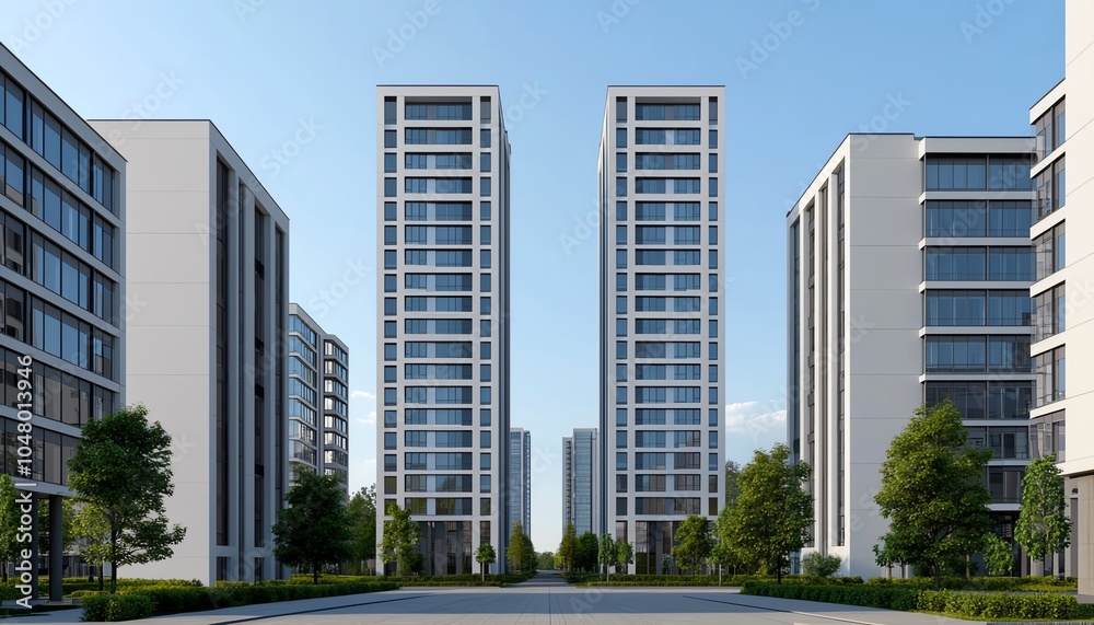 Modern high-rise buildings with sleek designs surrounded by greenery and a clear blue sky. An architectural marvel showcasing urban development and contemporary living. Modern high-rise buildings with sleek designs surrounded by greenery and a clear blue sky. An architectural marvel showcasing urban development and contemporary living.