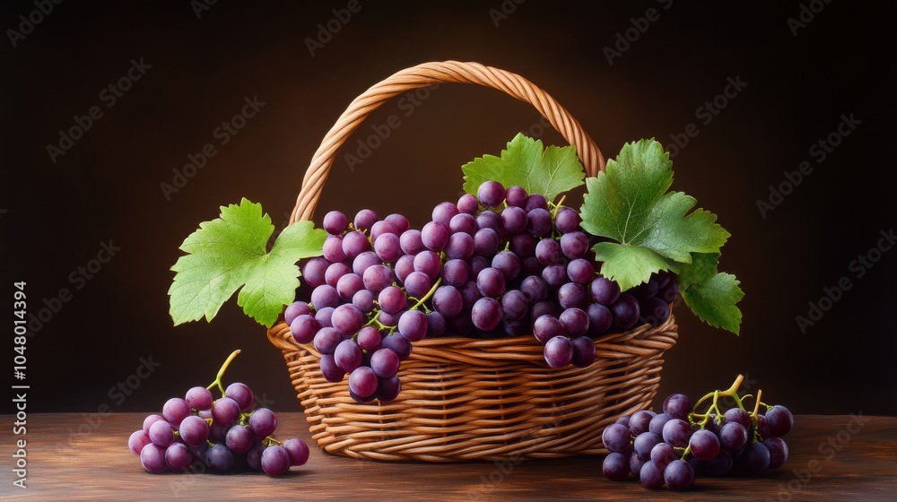Freshly harvested grapes in a woven basket Freshly harvested grapes in a woven basket