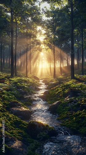 A serene forest scene at dawn, featuring sunlight streaming through the trees over a gentle stream, highlighting the lush greenery and tranquil atmosphere.