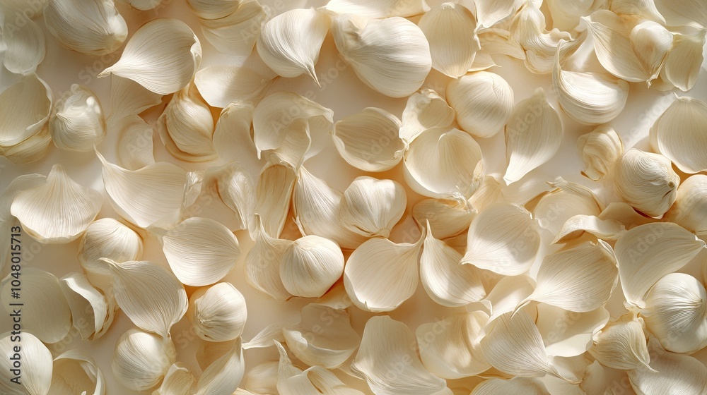 Many small, light cream colored onion peels and flower petals cover a surface. Many small, light cream colored onion peels and flower petals cover a surface.