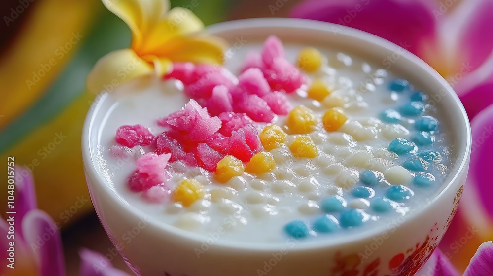 Colorful Dessert with Vibrant Toppings in a Bowl Colorful Dessert with Vibrant Toppings in a Bowl