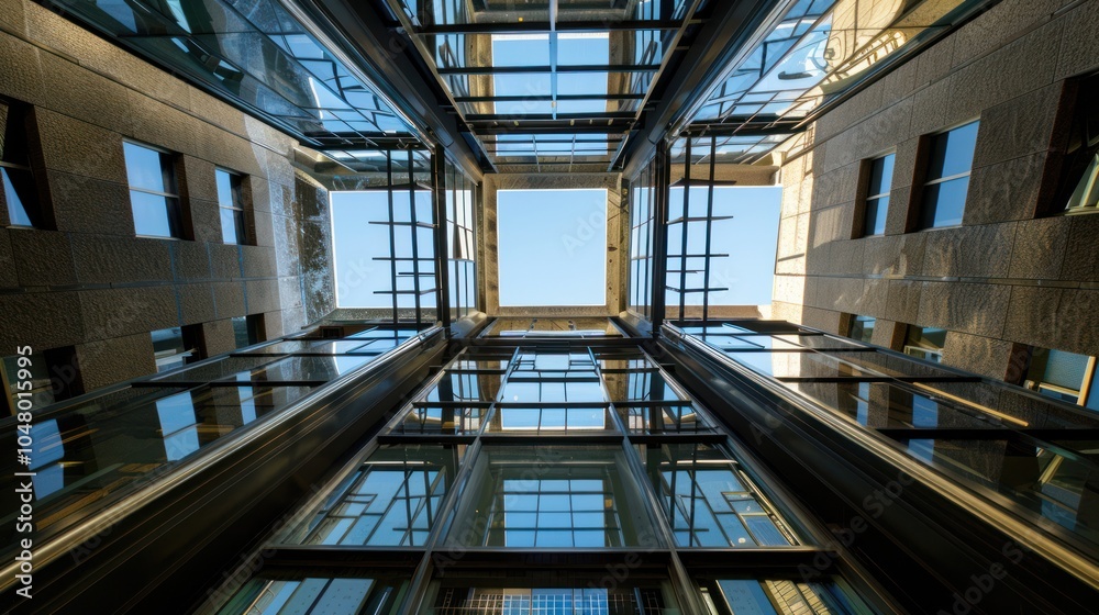 Fototapeta premium A View of the Sky Through a Glass and Metal Atrium