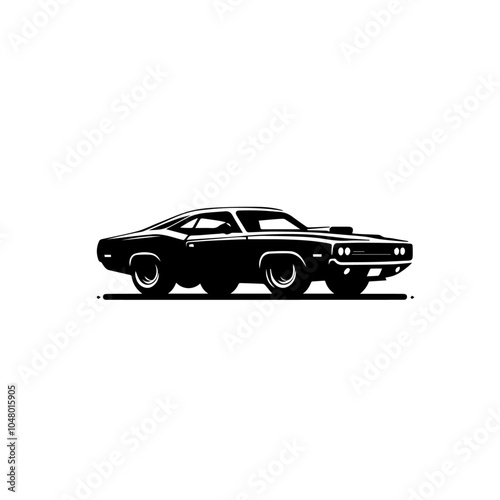 Vintage American muscle car vector illustration isolated on white background. Classic Muscle Car Vector Illustration in Bold Black Silhouette, Perfect for Retro Automotive Designs and Logos.