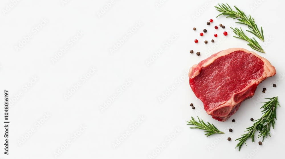 Fresh raw steak with herbs and spices on a white background
