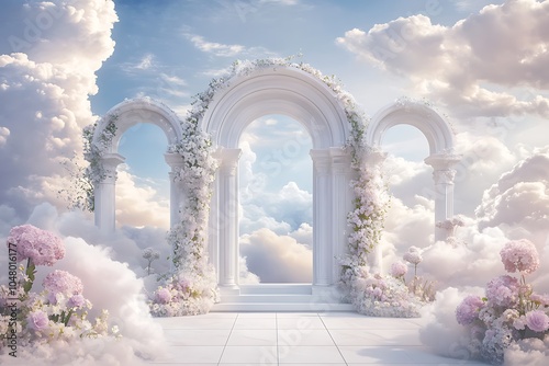 An archway background for photography with white columns and flowers. In front of the archway, there is a large window through which you can see a blue sky with clouds 