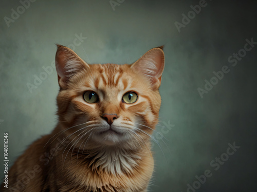 A cat sits against a plain background