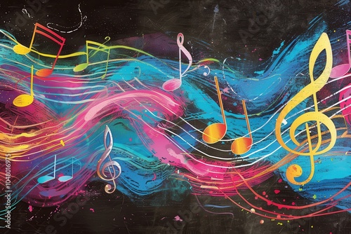 A chalkboard displays a dynamic composition of colorful brushstrokes combined with musical notes, evoking artistic expression and joy. Generative AI photo