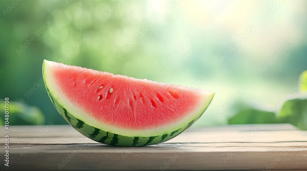 Fresh watermelon slice on wooden table with blurred background Fresh watermelon slice on wooden table with blurred background