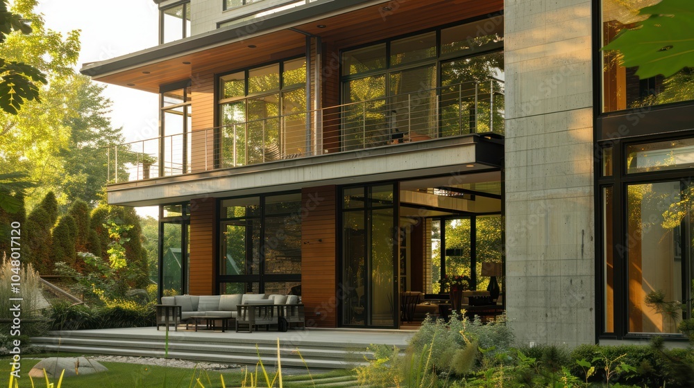 Fototapeta premium Modern Home Exterior with Large Windows and Patio Furniture