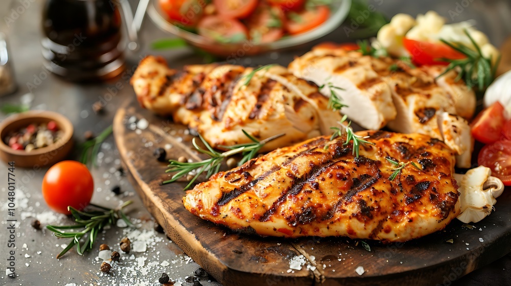 Wonderful serving of grilled chicken with pizza on a dining table Wonderful serving of grilled chicken with pizza on a dining table