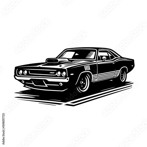 Vintage American muscle car vector illustration isolated on white background. Classic Muscle Car Vector Illustration in Bold Black Silhouette, Perfect for Retro Automotive Designs and Logos.