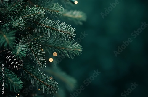 Christmas background with pine branches and golden ornaments, dark green background with snowflakes and garland decoration, festive and holiday concept