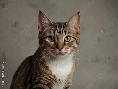A cat sits against a plain background
