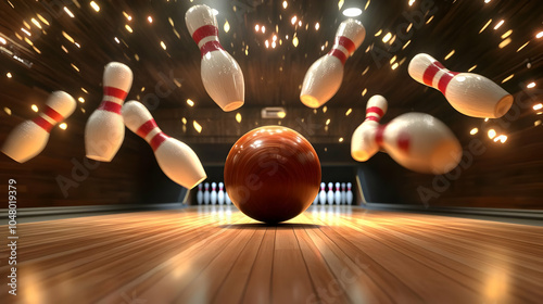 Bowling Ball Striking Pins in Dynamic Action Scene