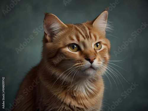 A cat sits against a plain background