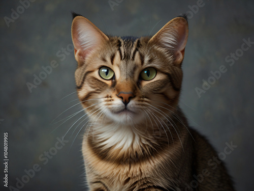 A cat sits against a plain background