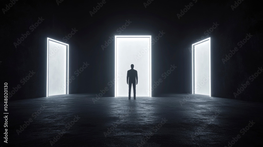 Obraz premium opportunity and choice concept, a person standing in the center between three glowing white doors, rough concrete surface against dark background