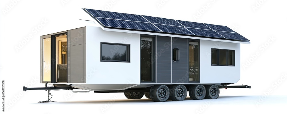 modern grey and white trailer house with solar panel technology isolated on white background modern grey and white trailer house with solar panel technology isolated on white background