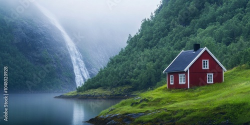 A red house sits in front of a waterfall. The house is surrounded by trees and the waterfall is in the background. The scene is peaceful and serene, with the water reflecting the trees and the house
