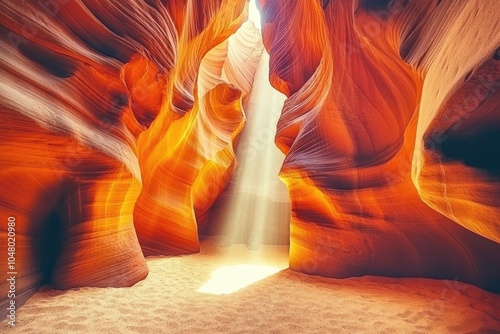 Antelope Canyon in the Arizona desert. The colors of the sandstone walls create an otherworldly effect, with light filtering through the canyon creating dramatic shadows and highlights