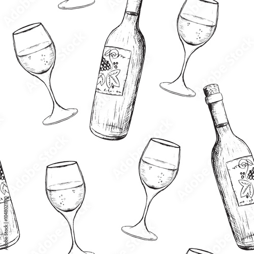 An elegant illustration showcasing a detailed pattern of wine bottles paired with glasses