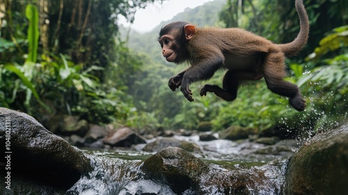 Monkey leaping over a stream in a lush jungle