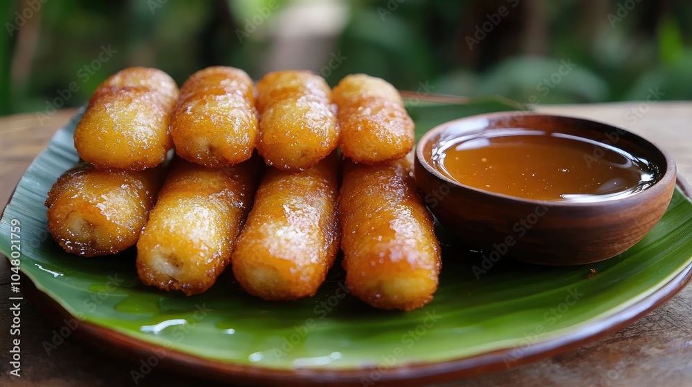Sweet Fried Snacks with Dipping Sauce on Leaf Plate Sweet Fried Snacks with Dipping Sauce on Leaf Plate