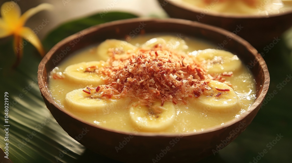 Delicious dessert with bananas and coconut garnish Delicious dessert with bananas and coconut garnish