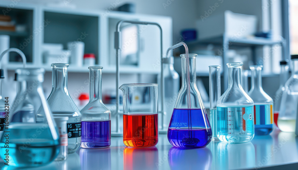 Lab equipment in a sterile environment, featuring beakers, test tubes, and chemical reactions in progress Lab equipment in a sterile environment, featuring beakers, test tubes, and chemical reactions in progress