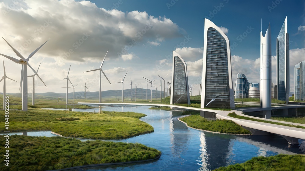 Fototapeta premium Renewable energy concept: a futuristic city powered entirely by wind, solar, and hydroelectric sources.