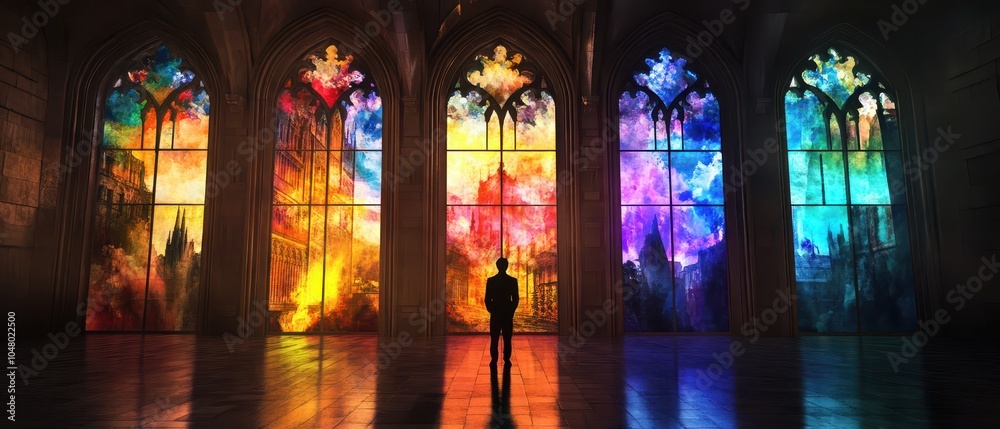A figure stands mesmerized before vibrant stained glass windows, showcasing a stunning play of colors and light in a grand architectural space.