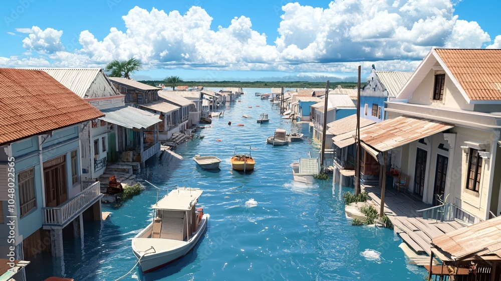 Fototapeta premium Small Fishing Village Surrounded by Floodwaters