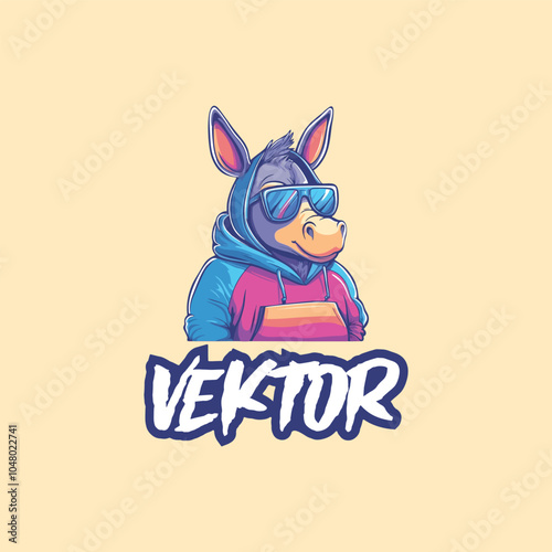 Stylish Cartoon Donkey in Hoodie with Sunglasses and Bold Graffiti Font on Beige Background