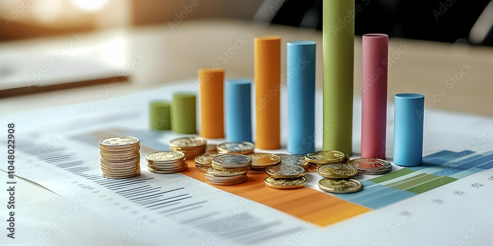 Colorful Bar Graphs and Coins on Financial Chart Colorful Bar Graphs and Coins on Financial Chart