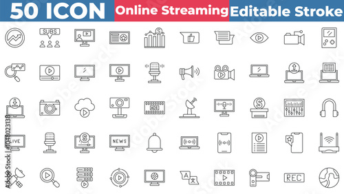 Online Streaming icon collection set. Containing Web, Laptop, Wifi, Broadcast, Monetize, And More. Editable stroke outline icon.