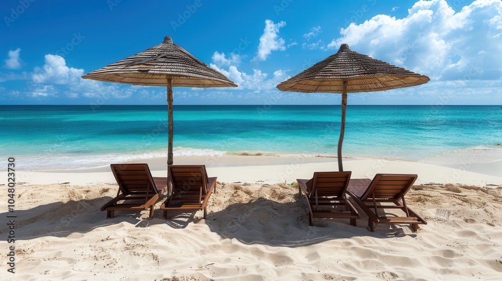 Two wooden lounge chairs sit under umbrellas, perfect for enjoying a sunny day on the pristine sandy beach by the clear blue ocean. Generative AI Two wooden lounge chairs sit under umbrellas, perfect for enjoying a sunny day on the pristine sandy beach by the clear blue ocean. Generative AI