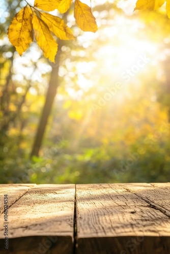 A rustic wooden tabletop with an autumn background and sunlight filtering through the leaves