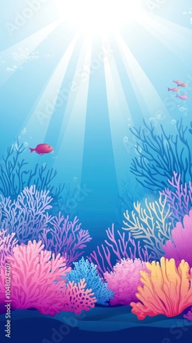 A vibrant coral reef scene with colorful fish swimming around, under the shimmering sea surface. The water is clear and blue in color, creating an underwater view of marine life.