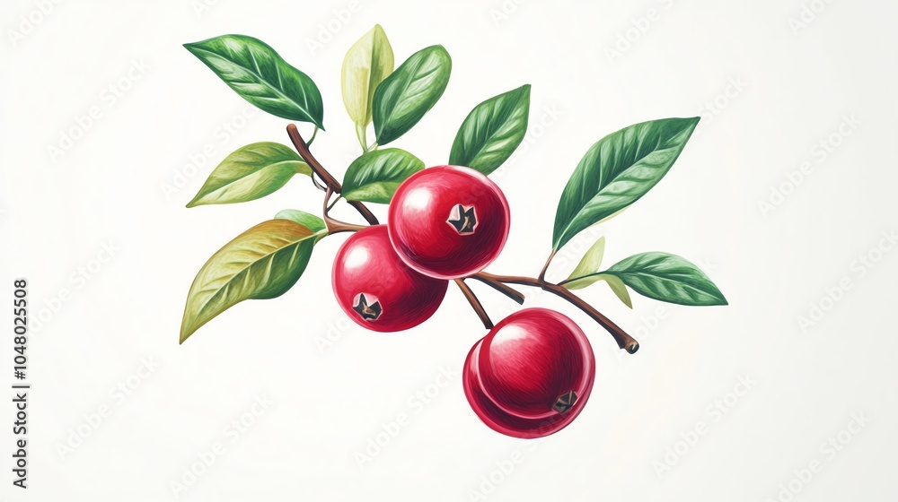 A vibrant illustration of red berries on a branch with lush green leaves, perfect for nature-themed designs. A vibrant illustration of red berries on a branch with lush green leaves, perfect for nature-themed designs.