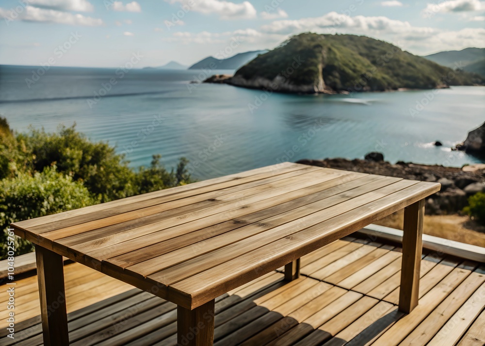 Obraz premium Wooden table on the background of the sea island and the blue sky