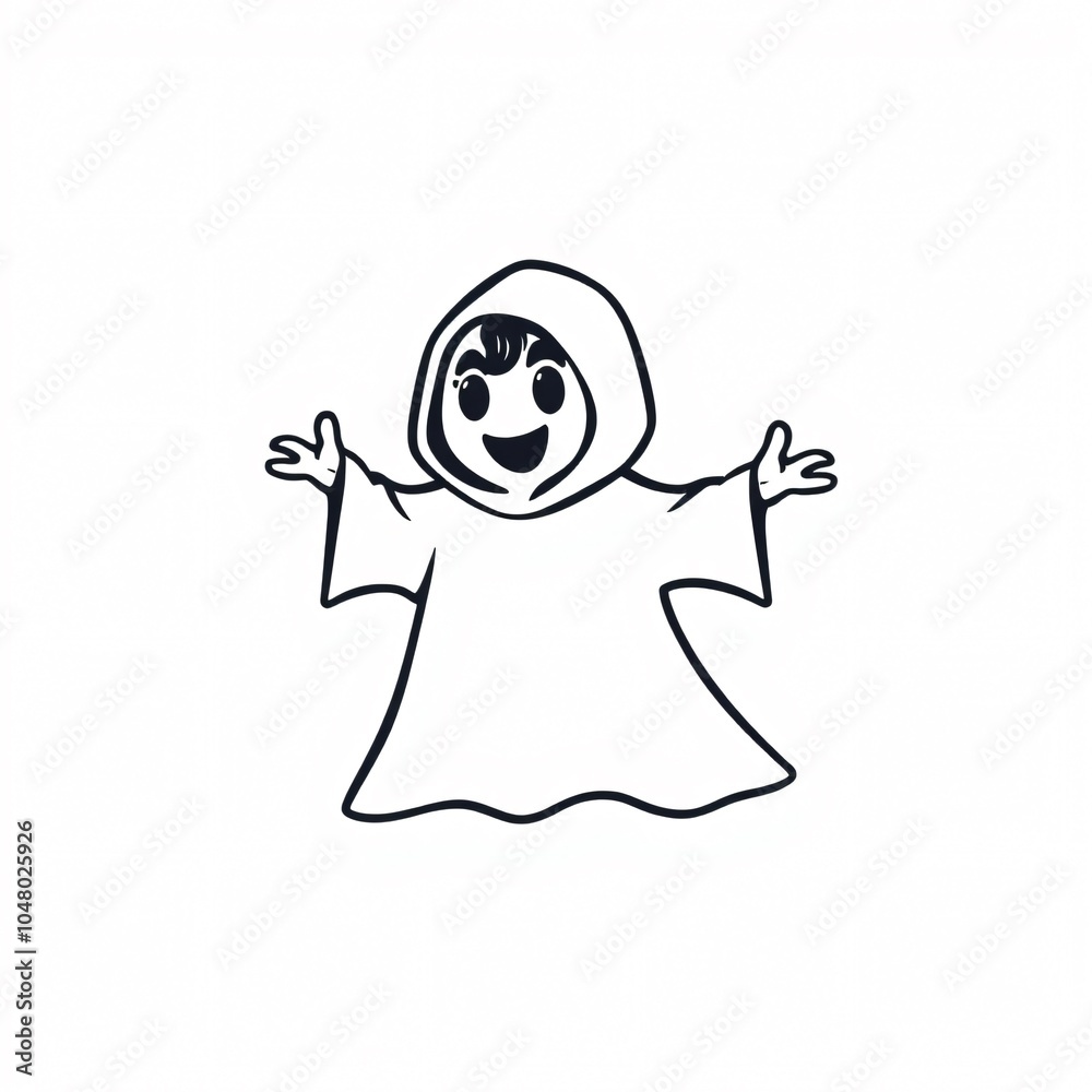 A cheerful cartoon figure in a hooded cloak joyfully gestures with open arms in a minimalistic design A cheerful cartoon figure in a hooded cloak joyfully gestures with open arms in a minimalistic design