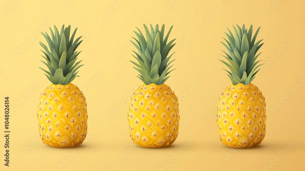 Three vibrant pineapples arranged on a bright yellow background, showcasing their lush green leaves and textured skin. Three vibrant pineapples arranged on a bright yellow background, showcasing their lush green leaves and textured skin.