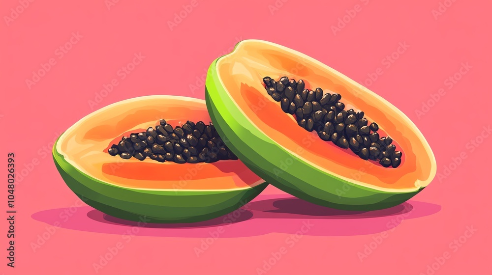 Vibrant papaya halves with rich orange flesh and black seeds, set against a pink background, perfect for food or health themes. Vibrant papaya halves with rich orange flesh and black seeds, set against a pink background, perfect for food or health themes.