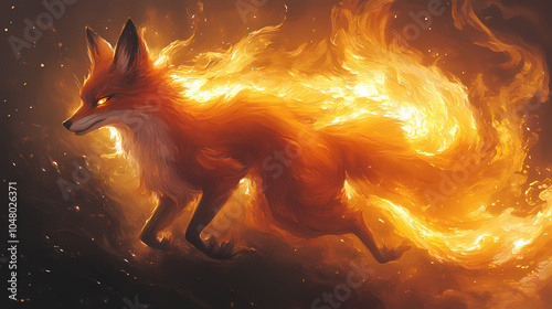 A ninetailed fox with each tail ablaze. Shape-shifting Kitsune. Illustration photo