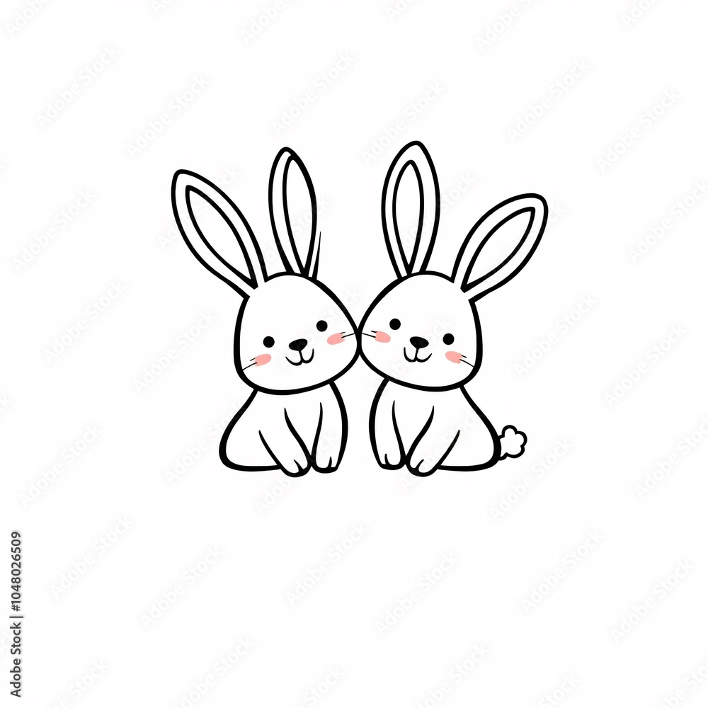 Fototapeta premium Two cute cartoon rabbits sitting closely together, showcasing friendship and affection in a simple black and white design