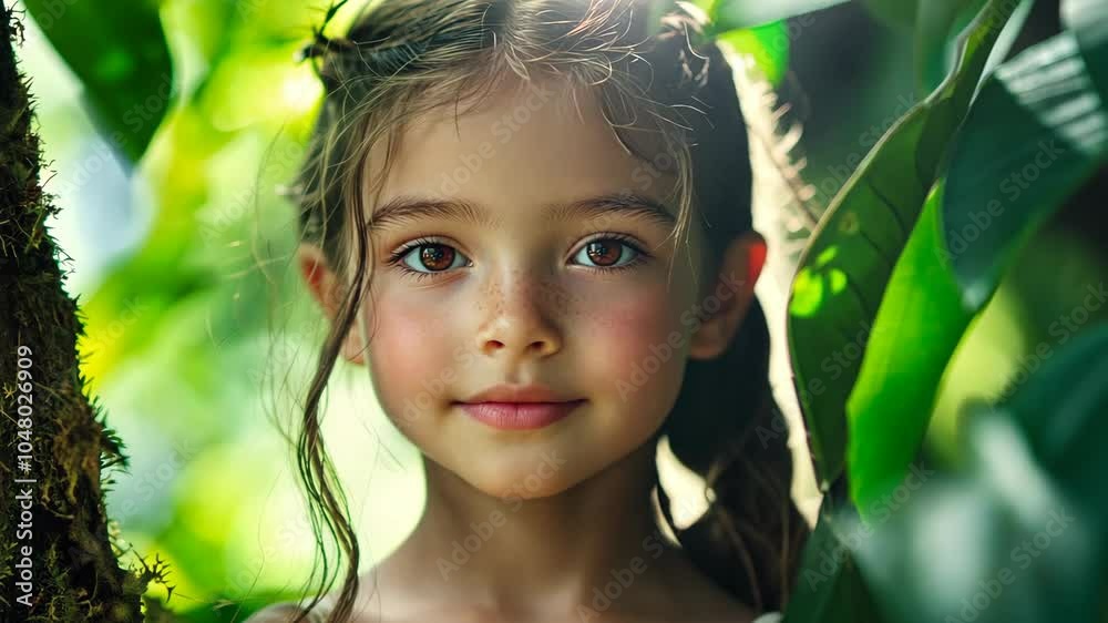 A young girl with brown hair and freckles smiles at the camera while standing in a lush green forest A young girl with brown hair and freckles smiles at the camera while standing in a lush green forest