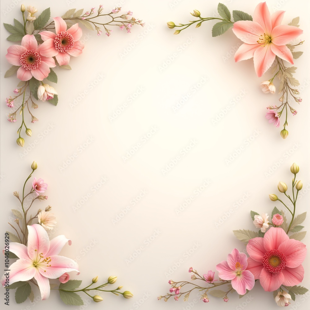 Floral Frame with Pink Flowers and Green Leaves on White Background Floral Frame with Pink Flowers and Green Leaves on White Background