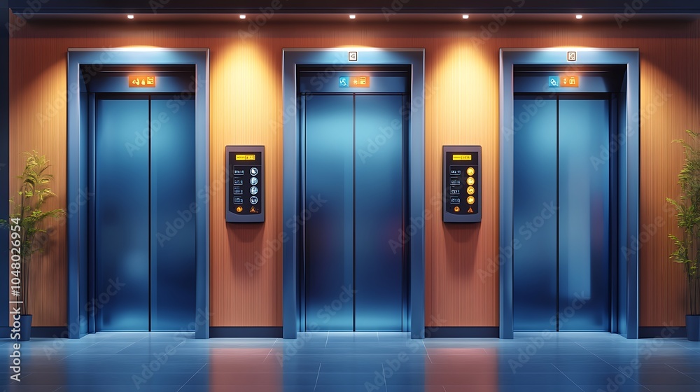 Three Modern Elevators in a Building Lobby. Three Modern Elevators in a Building Lobby.
